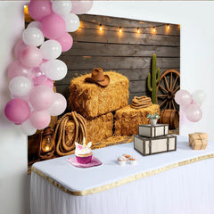 Lofaris Rustic Western Photography Backdrop with Hay Bales and Cowboy Hat, Dark Wood Wall Background for Farmhouse Studio Photoshoot