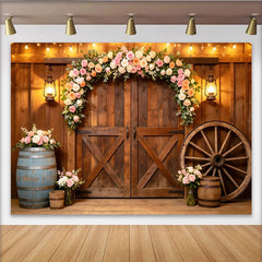 Lofaris Rustic Barn Door Floral Photography Backdrop with Elegant Roses, Charming Farmhouse Background for Wedding and Studio Photoshoot