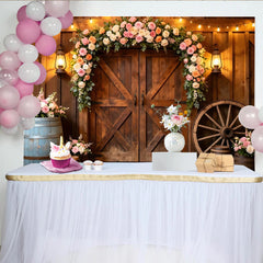 Lofaris Rustic Wooden Barn Door Wedding Backdrop with Floral Arch, Elegant Photography Background for Bridal Shower or Party Decor