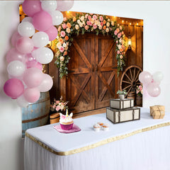 Lofaris Rustic Wooden Barn Door Wedding Backdrop with Floral Arch, Elegant Photography Background for Bridal Shower or Party Decor