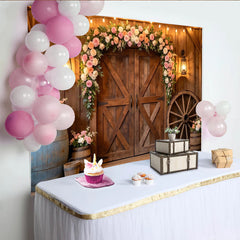 Lofaris Rustic Barn Wooden Door Floral Arch Photography Backdrop with String Lights and Wagon Wheel, Elegant Event Background