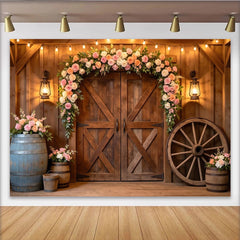 Lofaris Rustic Barn Wooden Door Floral Arch Photography Backdrop with String Lights and Wagon Wheel, Elegant Event Background