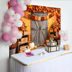 Lofaris Rustic Autumn Harvest Holiday Backdrop with Wooden Barn Door, Vibrant Fall Leaves Photography Background for Thanksgiving