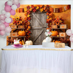 Lofaris Rustic Wooden Door Autumn Backdrop with Pumpkins and Fall Leaves, Vibrant Sunflower Corn Harvest Photography Background