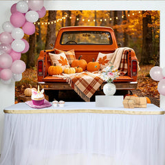 Lofaris Rustic Orange Pickup Truck Autumn Photography Backdrop with Pumpkins and Fall Leaves, Harvest Season Studio Background.