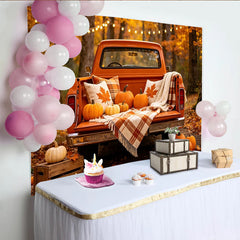 Lofaris Rustic Orange Pickup Truck Autumn Photography Backdrop with Pumpkins and Fall Leaves, Harvest Season Studio Background.