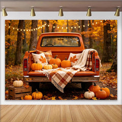 Lofaris Rustic Orange Pickup Truck Autumn Photography Backdrop with Pumpkins and Fall Leaves, Harvest Season Studio Background.