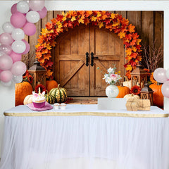 Lofaris Rustic Wooden Door Autumn Holiday Backdrop with Maple Leaves and Pumpkins, Cozy Fall Harvest for Party Decor and Photo