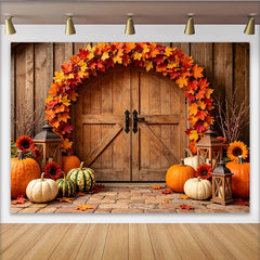Lofaris Rustic Wooden Door Autumn Holiday Backdrop with Maple Leaves and Pumpkins, Cozy Fall Harvest for Party Decor and Photo