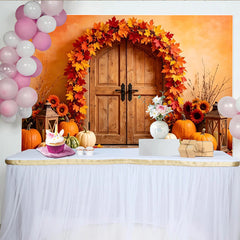 Lofaris Autumn Fall Holiday Backdrop with Rustic Door, Pumpkins and Maple Leaves, Warm Harvest Festival Photography Background for Thanksgiving