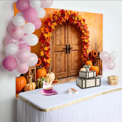 Lofaris Autumn Fall Holiday Backdrop with Rustic Door, Pumpkins and Maple Leaves, Warm Harvest Festival Photography Background for Thanksgiving
