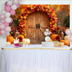 Lofaris Autumn Wooden Door Holiday Backdrop with Vibrant Fall Leaves, Harvest Festival Photography Background for Thanksgiving Party