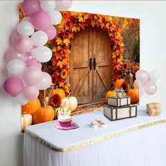 Lofaris Autumn Wooden Door Holiday Backdrop with Vibrant Fall Leaves, Harvest Festival Photography Background for Thanksgiving Party