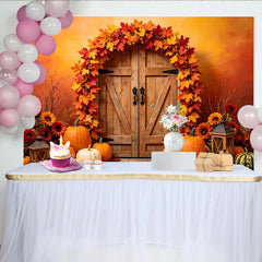 Lofaris Rustic Wooden Door Autumn Backdrop with Maple Leaves and Pumpkins, Warm Fall Harvest Photography Background for Thanksgiving Decor