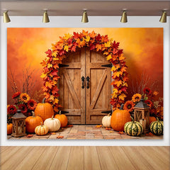 Lofaris Rustic Wooden Door Autumn Backdrop with Maple Leaves and Pumpkins, Warm Fall Harvest Photography Background for Thanksgiving Decor