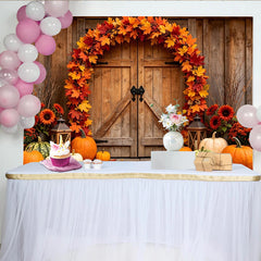 Lofaris Rustic Wooden Barn Door Thanksgiving Backdrop with Autumn Leaves and Pumpkins, Harvest Fall for Seasonal Photoshoot