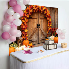 Lofaris Rustic Wooden Barn Door Thanksgiving Backdrop with Autumn Leaves and Pumpkins, Harvest Fall for Seasonal Photoshoot