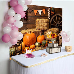 Lofaris Rustic Autumn Harvest Photography Backdrop with Pumpkins and Hay, Wooden Farmhouse Background for Fall Festival Decor