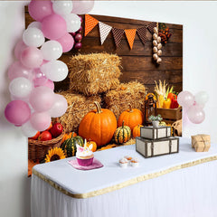 Lofaris Rustic Autumn Harvest Backdrop with Pumpkins, Hay Bales and Sunflowers, Fall Festival for Thanksgiving Party Decor