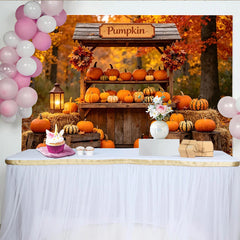 Lofaris Vibrant Autumn Pumpkin Backdrop with Wooden Stand, Hay Bales and Fall Leaves, Thanksgiving Harvest Photography Background