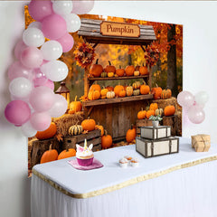Lofaris Vibrant Autumn Pumpkin Backdrop with Wooden Stand, Hay Bales and Fall Leaves, Thanksgiving Harvest Photography Background