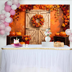Lofaris Rustic Wooden Barn Door Autumn Backdrop with Pumpkins and Fall Leaves, Vibrant Harvest Season Thanksgiving Party Decor