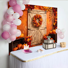 Lofaris Rustic Wooden Barn Door Autumn Backdrop with Pumpkins and Fall Leaves, Vibrant Harvest Season Thanksgiving Party Decor