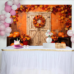 Lofaris Rustic Autumn Harvest Backdrop with Wooden Door, Pumpkins and Fall Leaves, Elegant Photography Background for Thanksgiving Party Decor