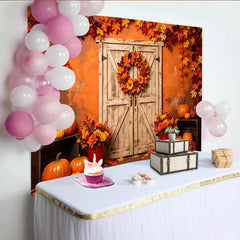Lofaris Rustic Autumn Harvest Backdrop with Wooden Door, Pumpkins and Fall Leaves, Elegant Photography Background for Thanksgiving Party Decor