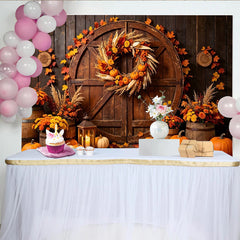 Lofaris Rustic Wooden Barn Door Autumn Harvest Holiday Backdrop with Pumpkins and Fall Leaves, Seasonal Photography Background for Thanksgiving