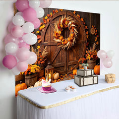 Lofaris Rustic Wooden Barn Door Autumn Harvest Holiday Backdrop with Pumpkins and Fall Leaves, Seasonal Photography Background for Thanksgiving