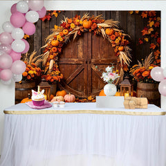 Lofaris Rustic Barn Door Autumn Harvest Holiday Backdrop with Pumpkins and Fall Leaves, Warm Fall Festival Thanksgiving Decor