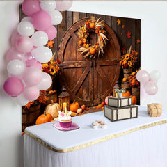 Lofaris Rustic Autumn Harvest Holiday Backdrop with Wooden Barn Door, Pumpkins, and Fall Leaves, Seasonal Party Decor