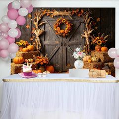 Lofaris Rustic Autumn Harvest Barn Door Backdrop with Pumpkins and Hay Bales, Fall Festival Photography Background for Thanksgiving Decor
