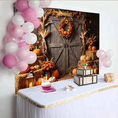 Lofaris Rustic Autumn Harvest Barn Door Backdrop with Pumpkins and Hay Bales, Fall Festival Photography Background for Thanksgiving Decor