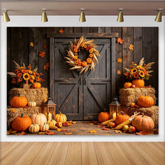 Lofaris Rustic Autumn Harvest Backdrop with Pumpkins, Sunflowers and Barn Door, Fall Photography Background for Thanksgiving Party Decor