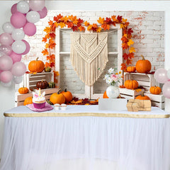 Lofaris Autumn Harvest Photography Backdrop with Pumpkins and Maple Leaves, Rustic White Brick Wall Background for Fall Party Decor