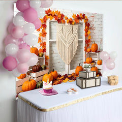 Lofaris Autumn Harvest Photography Backdrop with Pumpkins and Maple Leaves, Rustic White Brick Wall Background for Fall Party Decor