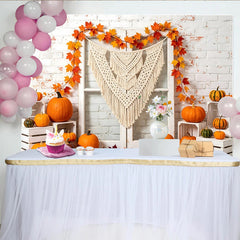 Lofaris White Brick Wall Autumn Photography Backdrop with Pumpkins and Macrame, Fall Leaves Garland, Rustic Studio Background for Photoshoot