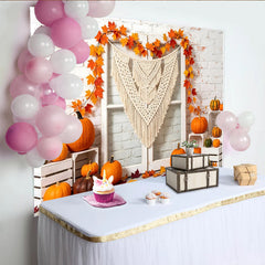 Lofaris White Brick Wall Autumn Photography Backdrop with Pumpkins and Macrame, Fall Leaves Garland, Rustic Studio Background for Photoshoot