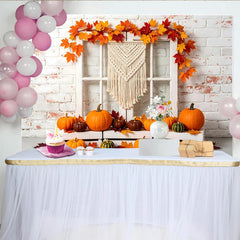 Lofaris Autumn Thanksgiving Backdrop with White Brick Wall and Pumpkins, Fall Harvest Photography Background for Seasonal Decor