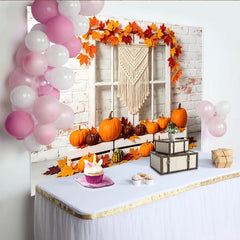 Lofaris Autumn Thanksgiving Backdrop with White Brick Wall and Pumpkins, Fall Harvest Photography Background for Seasonal Decor