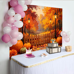 Lofaris Vibrant Autumn Forest Backdrop with Pumpkins and Street Lamps, Rustic Wooden Fence Background for Fall Harvest Party