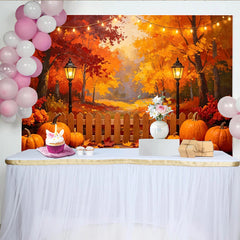 Lofaris Vibrant Autumn Photography Backdrop with Fall Trees, Pumpkins and String Lights, Cozy Wooden Fence for Harvest Season Photoshoot