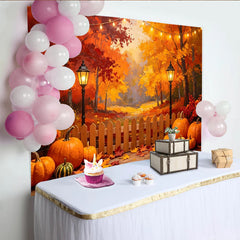 Lofaris Vibrant Autumn Photography Backdrop with Fall Trees, Pumpkins and String Lights, Cozy Wooden Fence for Harvest Season Photoshoot