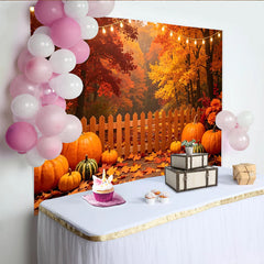 Lofaris Autumn Harvest Photography Backdrop with Pumpkins, Fall Leaves and String Lights, Rustic Wooden Fence Background for Studio Photoshoot