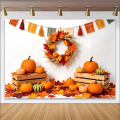 Lofaris Autumn Pumpkin Photography Backdrop for Thanksgiving, Colorful Maple Leaves and Fall Wreath Harvest Decor