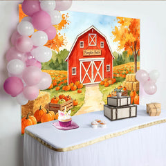 Lofaris Watercolor Autumn Pumpkin Patch Backdrop with Red Barn and Fall Trees, Harvest Festival Photography Background for Thanksgiving Decor
