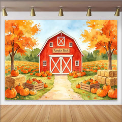 Lofaris Watercolor Autumn Pumpkin Patch Backdrop with Red Barn and Fall Trees, Harvest Festival Photography Background for Thanksgiving Decor