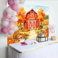 Lofaris Watercolor Autumn Pumpkin Patch Backdrop with Red Barn and Hay Bales, Fall Harvest Photography Background for Halloween Party Decor